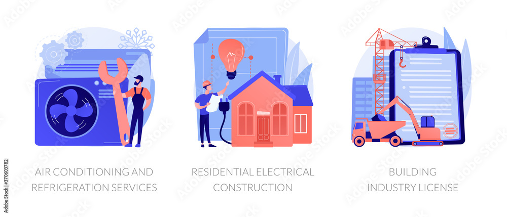Builder contractor services abstract concept vector illustration set. Air conditioning and refrigeration services, residential electrical construction, building industry license abstract metaphor. Builder contractor services abstract concept vector illustration set. Air conditioning and refrigeration services, residential electrical construction, building industry license abstract metaphor.