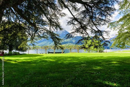 Shady lawn and view of Lake Como and the surrounding mountains