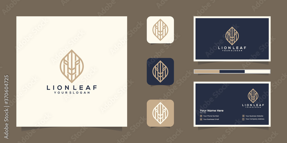 Fototapeta premium lion leaf logo line art style, flat style, nature animal symbol, environmental icon, king of the jungle icon vector, modern design concept