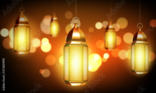 Arabic lamps, gold lanterns with arab ornament, ring and burning candles. Accessories for islamic ramadan holiday.Vintage luminous shining lights on blurred background Realistic 3d vector illustration
