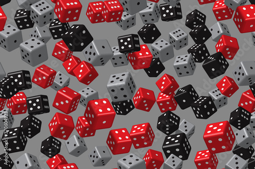 Red Black Gray Dice Seamless Pattern, 3D Illustration