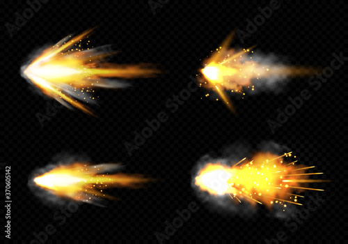 Gun flashes with smoke and fire sparkles. Pistol shots clouds, muzzle shotgun explosion. Blast motion, weapon bullets trails isolated on black background. Realistic 3d vector illustration, icons set