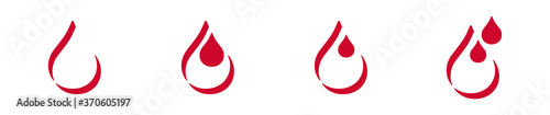 Vector illustration of red blood drop icon set. Flat droplet logo and mascot collection. Blood donation theme.