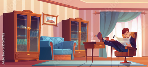 Businessman in vip cabinet reading finance news in newspaper and drinking coffee at morning. Man in formal suit sitting with legs on bureau table read finance publication. Cartoon vector illustration