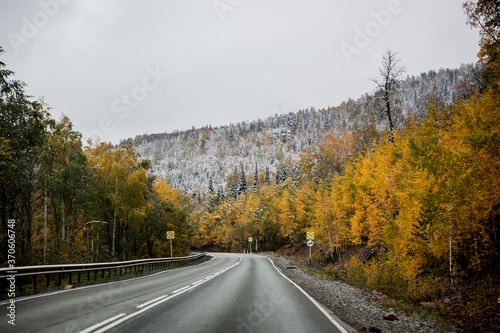 asphalt road in the mountains in late autumn, golden forest covered by the first snow, cloudy sky © KseniyaK
