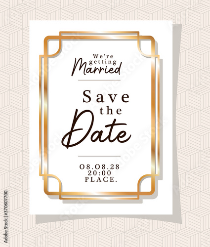 we are getting married text in gold frame design, Wedding invitation save the date and engagement theme Vector illustration