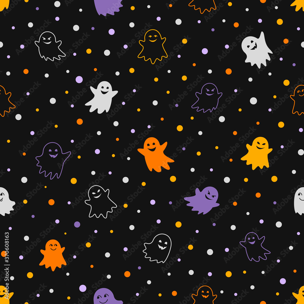 Halloween background with funny ghosts and dots on black. Colorful seamless backdrop. Endless texture for wallpaper, web page, wrapping paper