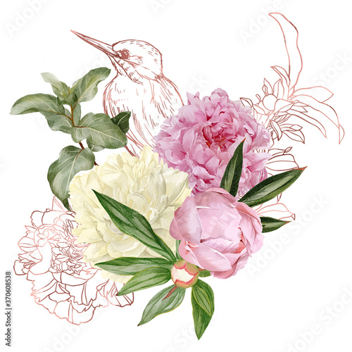 branches, rose gold floral elements and bird