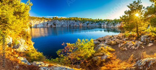 Panoramic view of The Zmajevo oko, Dragon's Eye lake at sunset. The Rogoznica village, a popular tourist destination on the Dalmatian coast of Adriatic sea in Croatia, Europ © Viliam