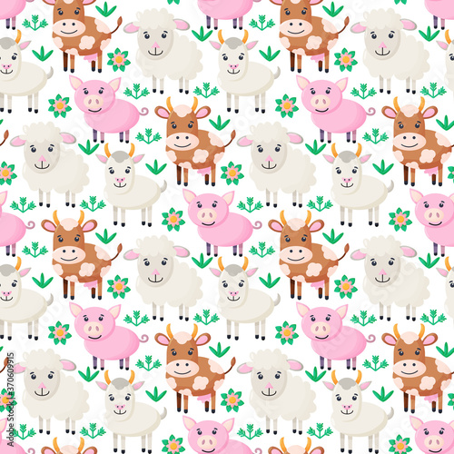 Farm animals seamless pattern. Collection of cartoon cute baby animals. goat, pig, sheep, cow. Flat vector illustration 