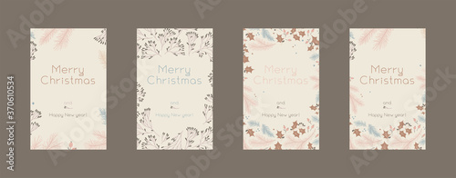 Vector Merry Christmas vertical banners template on light background. Winter sale fair pattern. New Year seasonal celebration greeting card. Pinecone Xmas branches with frame leaf isolated fir