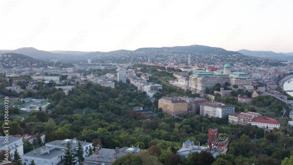 Aerial view of Budapest evening cityscape along Danube River, pan left Aerial view of Budapest evening cityscape along Danube River, pan left