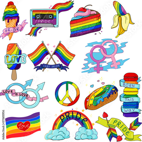 Vector collection of LGBTQ community symbols with pride flags, rainbow colored. Hand written pride, love, peace lettering with rainbow. Gay parade slogan. 