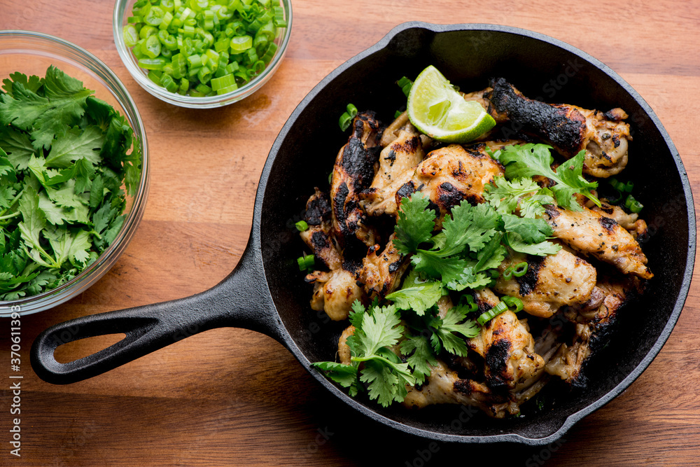 Grilled chicken. BBQ Chicken grilled in garlic and butter. Chicken, fried & served w/ bbq side dishes, organic vegetables and dressed in olive oil. Classic American outdoor grill entree favorite.