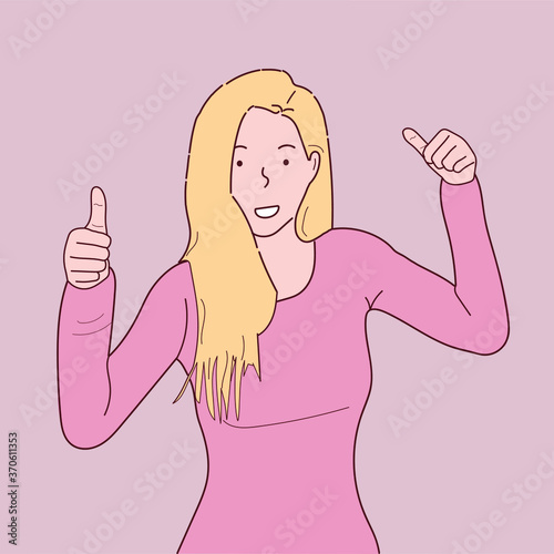 Approval, success, joy - a happy girl gesture raises her thumb up. Symbolizes a positive assessment of content on social networks. Vector illustration.