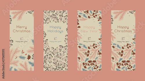 Vector Merry Christmas vertical banners template on light background. Winter sale fair pattern. New Year seasonal celebration greeting card. Pinecone Xmas branches with frame leaf isolated fir