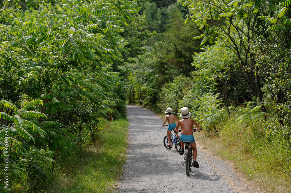 Two young boys riding their bicycle on a sunny day in a forested bike path, seen from behind. They are wearing matching blue bathing shorts and a sun hat.
