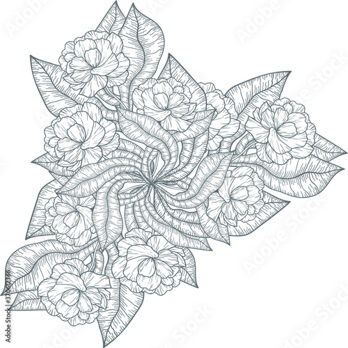 Flowers and leaves in hand drawing manner. Ink, pen, hand drawn. Decoration element for web, cards, invitations. Vector design element.