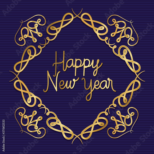 Happy new year in ornament gold frame on blue background design, Welcome celebrate greeting card happy decorative and celebration theme Vector illustration