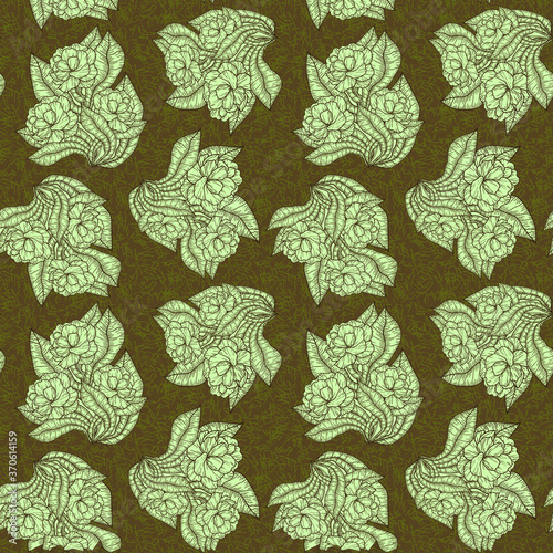 Vector seamless pattern with hand drawn flowers and leaves, green background, floral theme. Contour illustration.