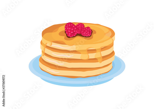 Pancakes with syrup and raspberries icon vector. Pile of pancakes on a plate vector. Delicious pancakes icon isolated on a white background
