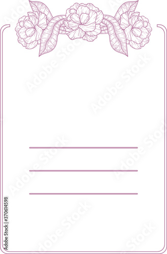 Vector frame with botanical decoration on top. Flower with  leaves on blank framed board. Lines for inscription. 