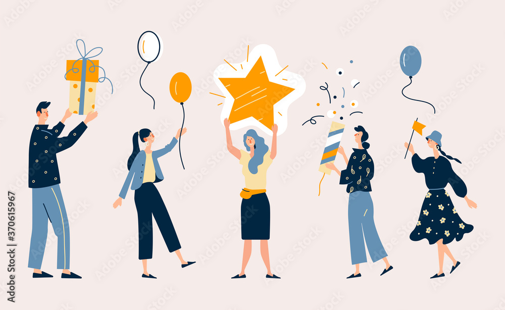 Fototapeta premium Happy people celebrate an important event. Joyful emotions set character celebrate. Flat cartoon illustration in modern concept. 