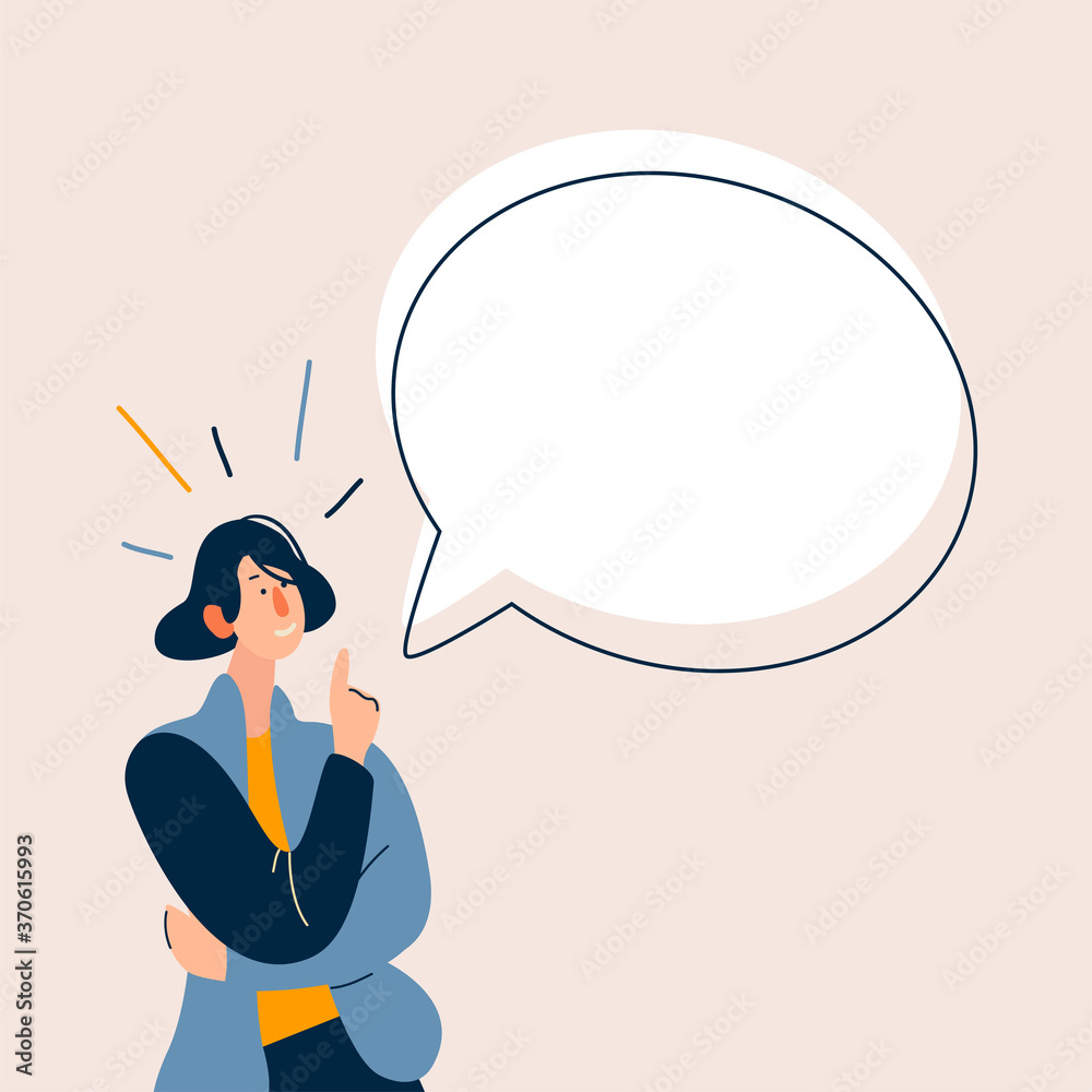 Woman talking and points her finger at bubble speech above her.  Flat cartoon  illustration.  - obrazy, fototapety, plakaty 