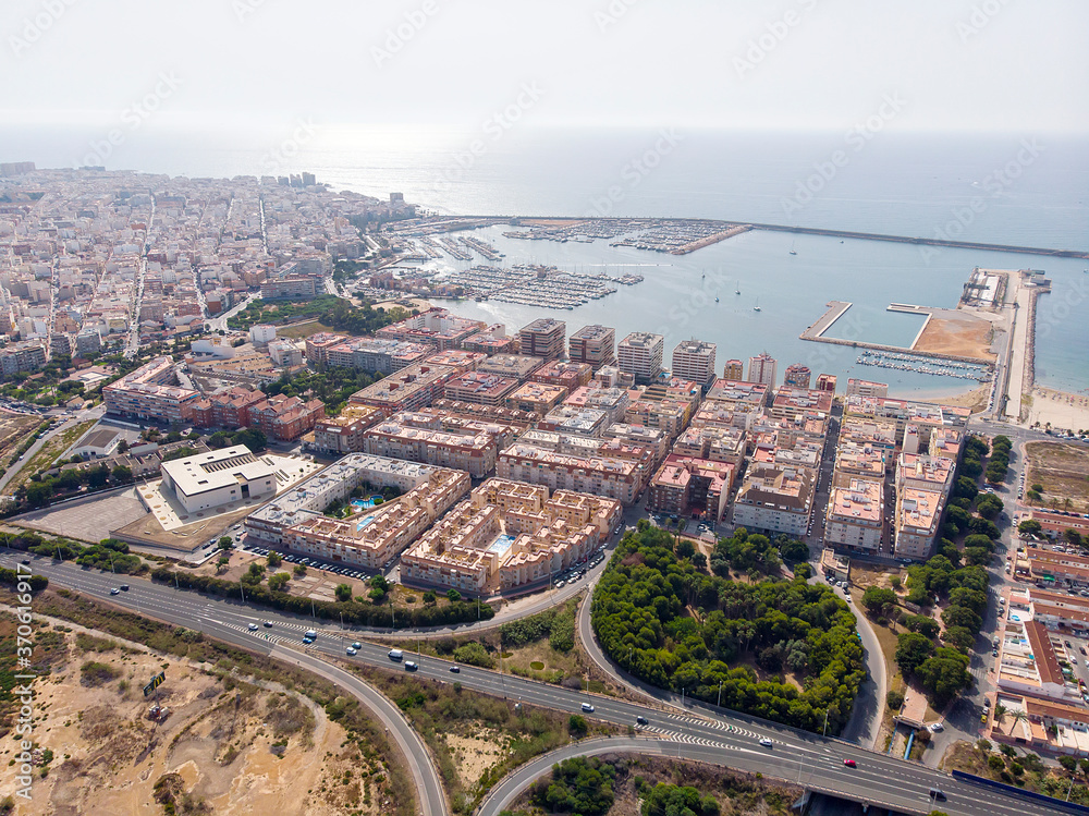 Aerial photo of Torrevieja cityscape during sunrise. Costa Blanca, Spain