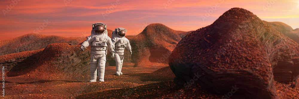astronauts on Mars, space travelers exploring the red landscape on the red world - obrazy, fototapety, plakaty 