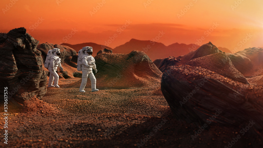 astronauts on Mars, space travelers exploring the red landscape on the red world - obrazy, fototapety, plakaty 