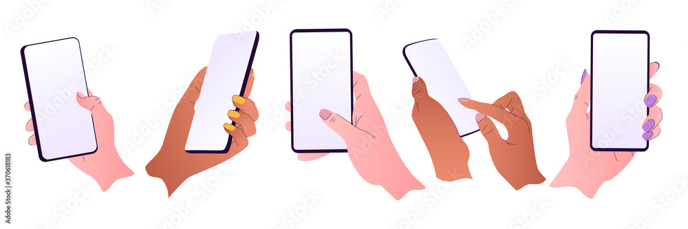 Flat vector hands with phones. Hands holding phones with empty screens