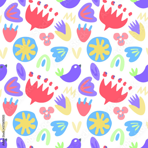Flat vector illustration for wrapping paper, wallpaper.Abstract colorful doodle seamless pattern. Trendy elements and objects - curves, dots, spots, stars. Flowers and leaves on white background .