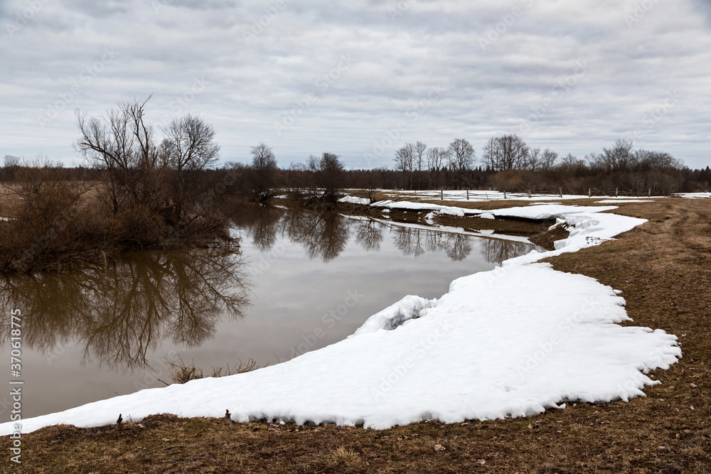 Flooded trees and frozen water in the floodplain of the river at the thaws.
