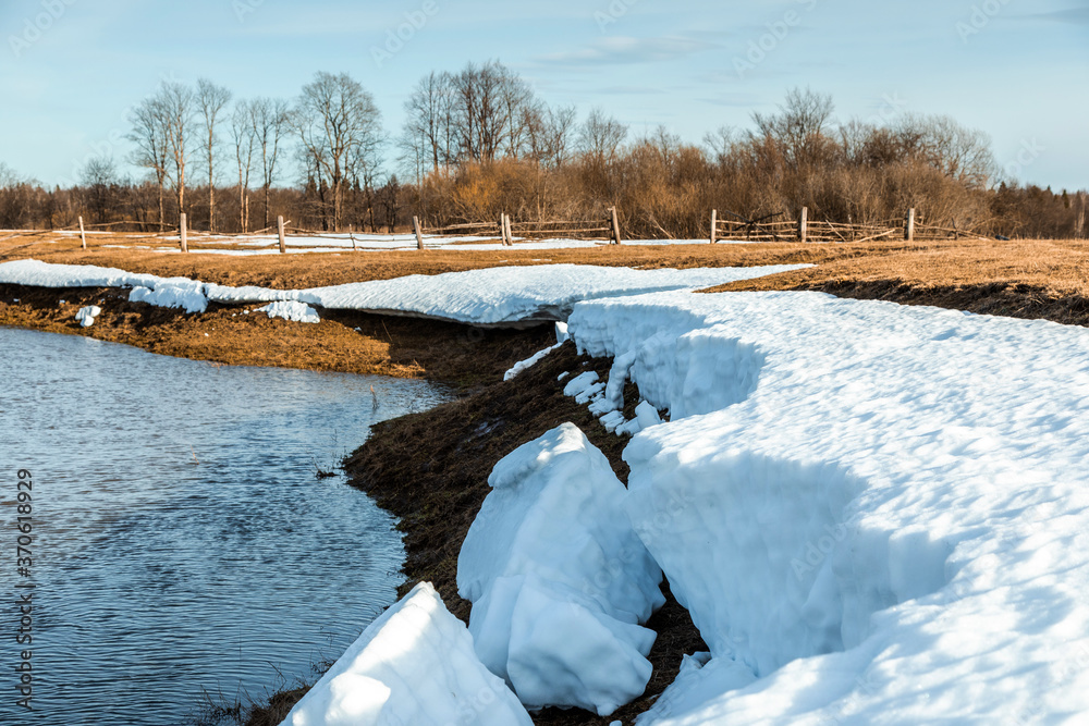 Flooded trees and frozen water in the floodplain of the river at the thaws.