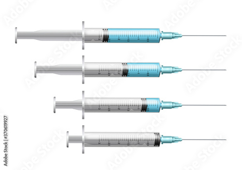 Set of Syringes with different volume blue liquid.
