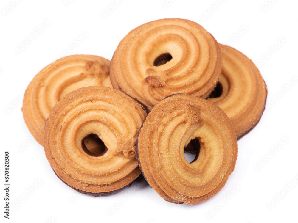 Heap of butter ring cookies with chocolate glaze on the back side Heap of butter ring cookies with chocolate glaze on the back side