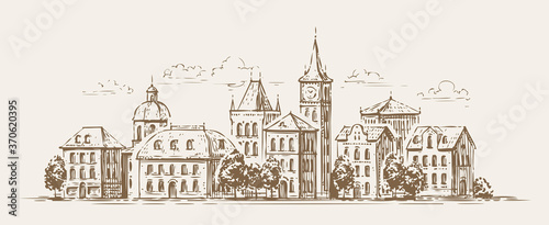 Urban landscape sketch. Town, city, cityscape vector illustration