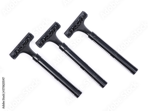 Group of new black plastic disposable shavers