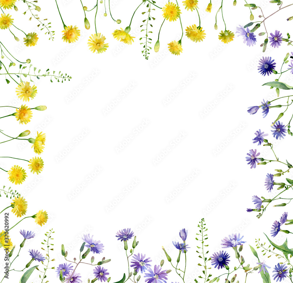 Watercolor frame of wild blue and yellow flowers on white background