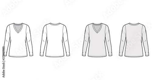 Deep V-neck jersey sweater technical fashion illustration with long sleeves, oversized body, tunic length. Flat shirt apparel template front back white grey color. Women men unisex outfit top mockup