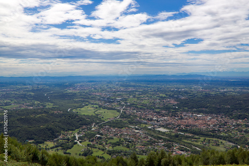 aerial view of val Padana with, in the background the skyline of Turin and Mount Monviso