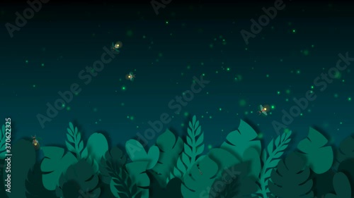 Cartoon animation of fireflies flying out of tropical palm leaves. Summer trendy floral motion graphics of lightning bugs hovering at night. Wildlife concept.  