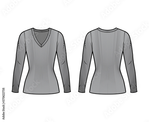 Ribbed V-neck knit sweater technical fashion illustration with long sleeves, close-fitting shape tunic length. Flat outwear apparel template front back grey color. Women men unisex shirt top mockup