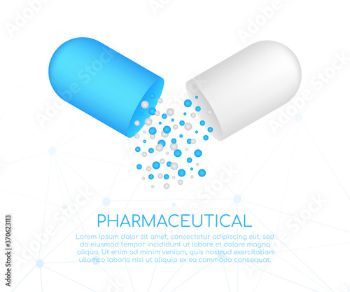 Capsule pill. Small balls pouring from an open medical capsule. Vector illustration.