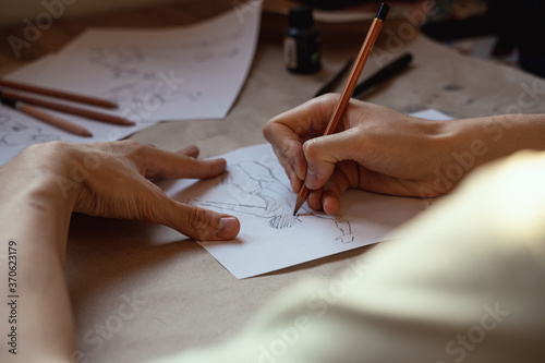 Drawing, sketching the human figure with a pencil