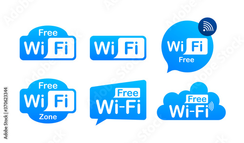 Free wifi zone blue icon. Free wifi here sign concept. Vector stock illustration.