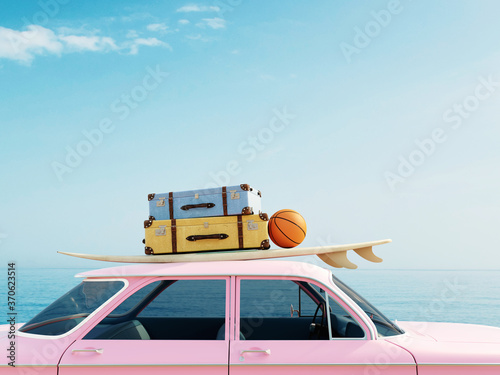 Pink old timer car with surfboard, suitcases and basketball on top in front of the ocean, 3D summer background illustration