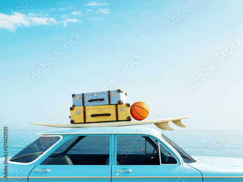 Blue old timer car with surfboard, suitcases and basketball on top in front of the ocean, 3D summer background illustration