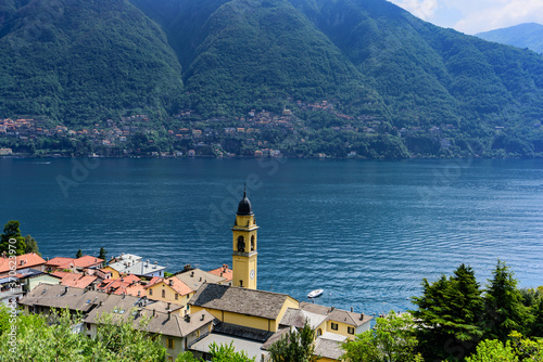 View of Lake Como, coastal towns and the surrounding mountains